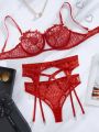 Ladies' Embroidered Detail Heart Shaped Mesh Sexy Lingerie 3-Piece Set (Valentine's Day Edition)