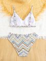 Printed Swimsuit Set With Lace Trim For Tween Girls