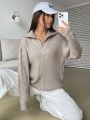 SHEIN EZwear Quarter Zip Drop Shoulder Cable Knit Sweater