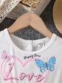 SHEIN Kids FANZEY Little Girls' Colorblocked Striped Heart, Letter, Butterfly & Floral Print Jumpsuit