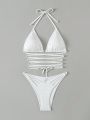 SHEIN Swim Vcay Women's Criss Cross Strap Halter Neck Bikini Set