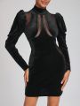 POSHFEM Mock Neck Gigot Sleeve Velvet Bodycon Dress