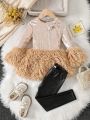 SHEIN Kids Nujoom Little Girls' Velvet Flounce Hem Patchwork Top And Pu Leather Pants 2pcs/set For Autumn Winter