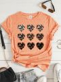 SHEIN Kids EVRYDAY Young Girl Leopard & Heart Print Tee