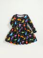 SHEIN Baby Girl Dinosaur Print Flare Hem Dress