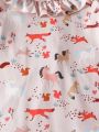 SHEIN Kids Nujoom Young Girl Cartoon Graphic Ruffle Trim Flounce Sleeve Dress