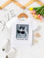 SHEIN Baby Boys' Casual Simple Fun Cat & Slogan Printed Cute Top