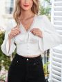 SHEIN Frenchy Women Elegant Short Top With Lace Spliced Collar, Bell Sleeves, Front Tie, And Button Details, Suitable For Wearing For Valentine's Day, New Year, And Christmas