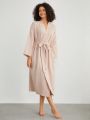 SHEIN Leisure Women'S Belted Wide Sleeve Bathrobe For Home, Soft Skin-Friendly, Comfortable And Breathable.