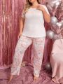 Plus Size Letter Print Short Sleeve T-Shirt With Heart Print Pants Pajama Set