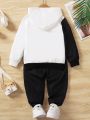 Toddler Boys' Casual Hooded Sweatshirt With Feather Pattern Print, Matched With Solid Color Jogger Pants