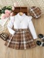 SHEIN Kids SUNSHNE Girls' Ruffle Neckline Blouse + Plaid Pleated Skirt + Hat 3pcs Set