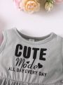 SHEIN Kids QTFun Little Girls' Fashion Sleeveless 2pcs Pink & Grey Casual Dresses With Letter Print, Summer