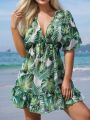 SHEIN Swim Vcay Women's Tropical Print Tie Waist Cover Up