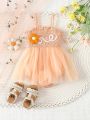 Baby Girls' Romantic And Cute Flower & Letter Embroidery Orange Mesh Bodysuit For Spring/Summer