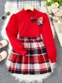 SHEIN Tween Girl 2pcs/Set School Style High Neck Bowknot T-Shirt And Plaid A-Line Skirt