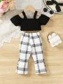 Baby Girl 2pcs/Set Cute Hollow Out Shoulder Short Sleeve Top And Checked Long Pants Outfit, Spring