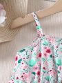 SHEIN Young Girl's Woven Floral Print Combined Cami & Gathered Waist Casual Dress