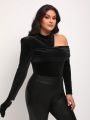 GAUTII Plus Asymmetrical Neck Velvet Bodysuit