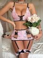 SHEIN Ladies' Sexy Lace Perspective Lingerie Set With Bowknot Decoration