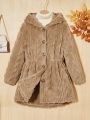 SHEIN Tween Girl 1pc Single Breasted Hooded Teddy Coat