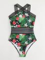 SHEIN Swim Vcay Tropical Print Mesh Splicing Vacation Style One-Piece Swimsuit