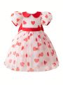 Little Girls' Love Heart Printed Mesh Splice Collar Bubble Sleeve Formal Dress