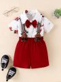 Toddler Boys' Gentlemen Outfit With Floral Printed Short Sleeve Shirt And Suspenders Short Pants