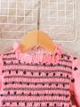 SHEIN 2pcs/set Baby Girls' Heart Print Bubble Sleeve Top And Flared Pants Outfit