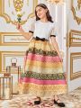 SHEIN Kids Nujoom Slim Fit Cute Vintage Palace Style Puff Sleeve Blouse And Knee-Length Skirt Set