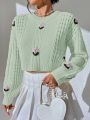 Floral Embroidery Cable Knit Drop Shoulder Crop Sweater