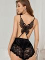 Black Backless Butterfly Design Sleepwear Romper With Shorts