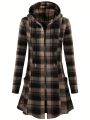 Plaid Print Drawstring Hooded Coat