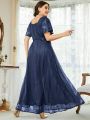 Plus Flutter Sleeve Sweetheart Neck Rhinestone Detail Lace Bridesmaid Dress