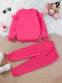 SHEIN Kids EVRYDAY Young Girl Letter Graphic Ruffle Trim Sweatshirt & Sweatpants