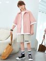 SHEIN Kids KDOMO Tween Boy Casual Color Block Sleeves Button Down Loose Fit Shirt