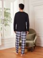 Men's Solid Color Top & Plaid Pattern Long Pants Homewear Set