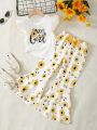 SHEIN Kids QTFun 2pcs Young Girls' Flying Sleeve Top With Letter Print And Daisy Floral Bell Bottom Pants Outfits For Spring And Summer