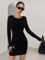 Dazy Star Solid Color Backless Long Sleeve Dress