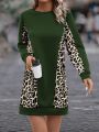 Contrast Leopard Print Thermal Lined Sweatshirt Dress