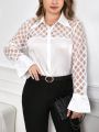 SHEIN Privé Plus Size Plaid Mesh Panel Flare Sleeve Shirt