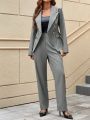 SHEIN Privé Women's Solid Color Collarless Blazer With Waist Belt & Straight Pants Suit Set