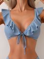 Women's Solid Color Ruffle Trimmed Bikini Set With Decorated Edge And Tied Straps