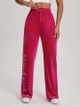 Peachy Keen Women's Stylish Pink Long Pants With Drawstring Waist & Rhinestone Decor