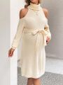 SHEIN Maternity High Neck Hollow Out Shoulder Belted Sweater Dress