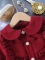 SHEIN Kids CHARMNG Girls' Autumn Elegant Woolen Bow Knot Decor Turn-Down Collar Jacket With Flounce Hem Dress