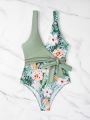 SHEIN Swim Vcay Tropical Print Knot Side Belted One Piece Swimsuit