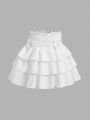 SHEIN Kids EVRYDAY Tween Girl's Waist Gathering Trimmed With Ruffles, Bowknot Decor, Cute Cake Skirt With Splicing Design