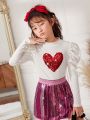 SHEIN Kids KDOMO Tween Girl Sequin Heart Pattern Gigot Sleeve Tee