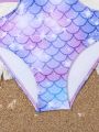 Girls' One-Piece Swimsuit With Mermaid Scales Print, Hollow Out Detail And Patchwork Design